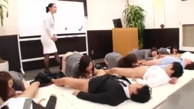 Pleasing oriental whore performing in a wild gangbang XXX scene in public