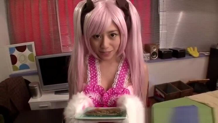 Pink Hair Asian Girl Shows Big Hairy Twat Off