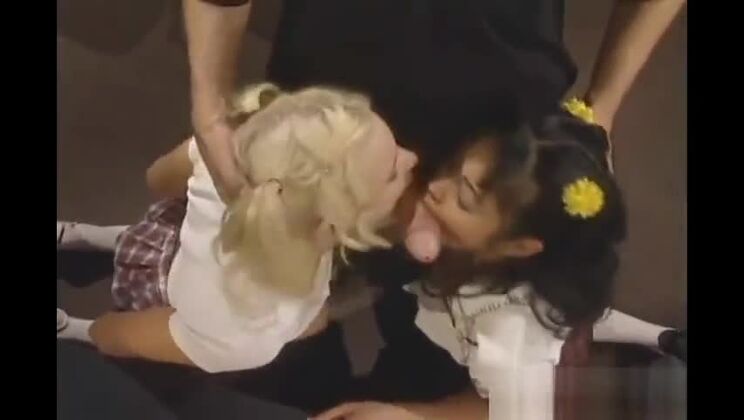 Asian slut sucking cock in threesome part2