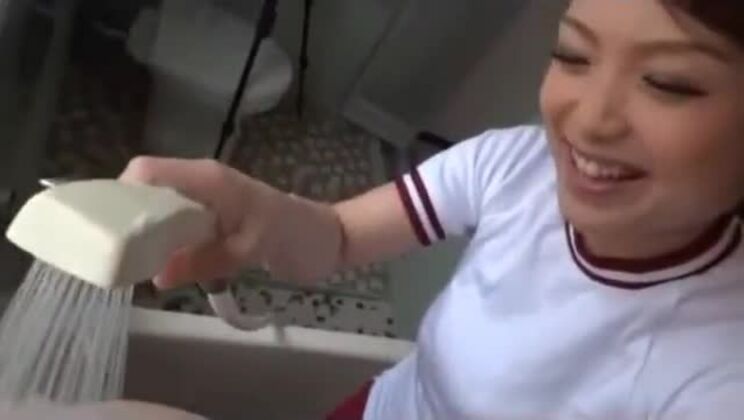 Busty Schoolgirl In Training Dress Fucked By Man From Behind While Standing In The Bathtube